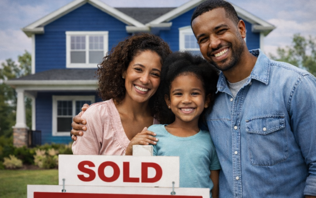family standing in front of their newly purchased blue home with a sold sign, representing buying a home after a short sale in Oklahoma