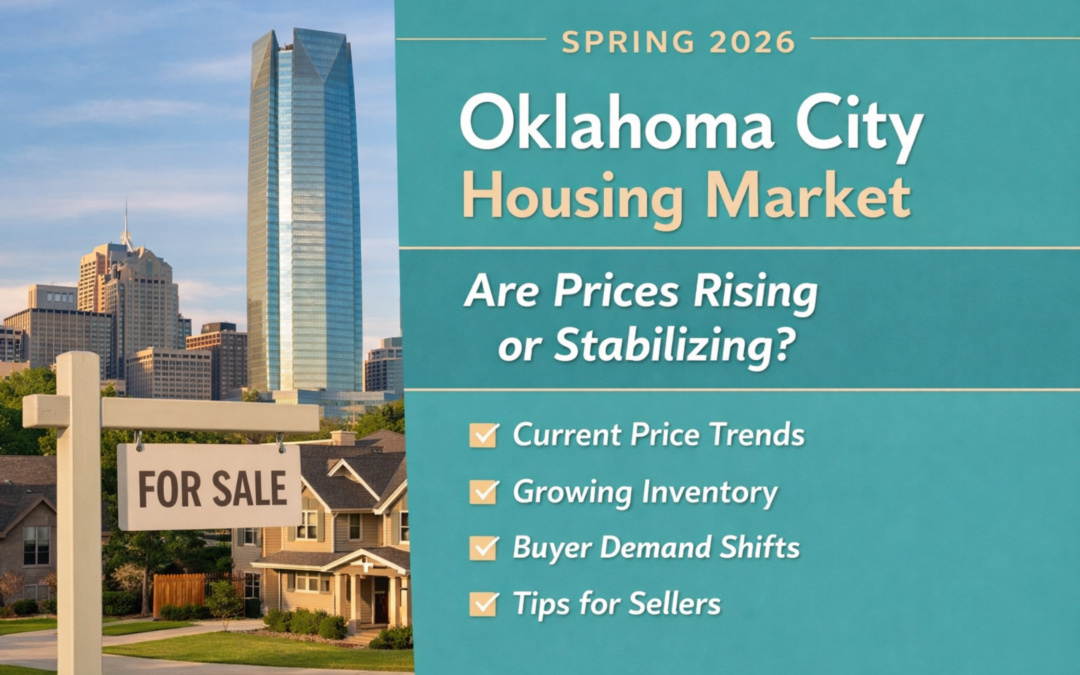 Digital infographic showing the Spring 2026 Oklahoma City housing market update with a split layout: on the left, a modern skyline and suburban homes with a “For Sale” sign; on the right, a teal-toned (#99c5c8) branded panel featuring the title “Oklahoma City Housing Market: Are Prices Rising or Stabilizing?” and key points including current price trends, growing inventory, buyer demand shifts, and tips for sellers.