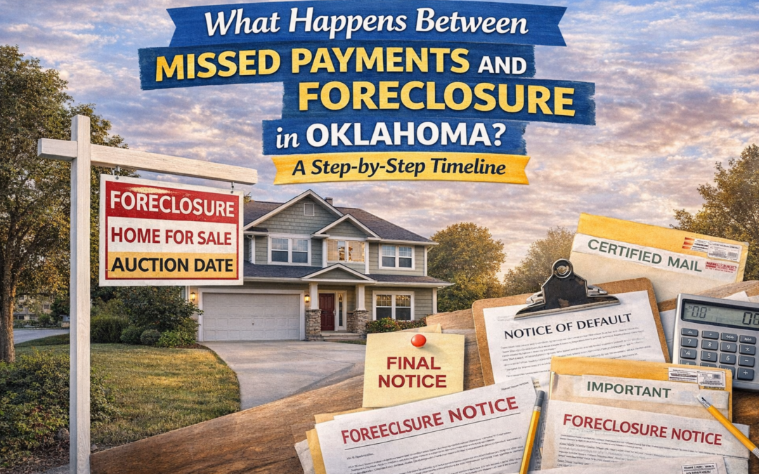 Home foreclosure timeline in Oklahoma illustrated from missed mortgage payments at 30 days late through 60–90 days delinquent, notice of default, pre-foreclosure stage, and final foreclosure auction stage, showing the step-by-step process homeowners may face before losing their home.